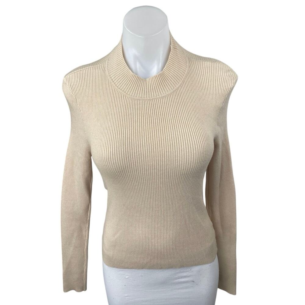 Anna Rae Women's Beige Tan Ribbed Knit Mockneck Cutout Long Sleeve Sweater Top M